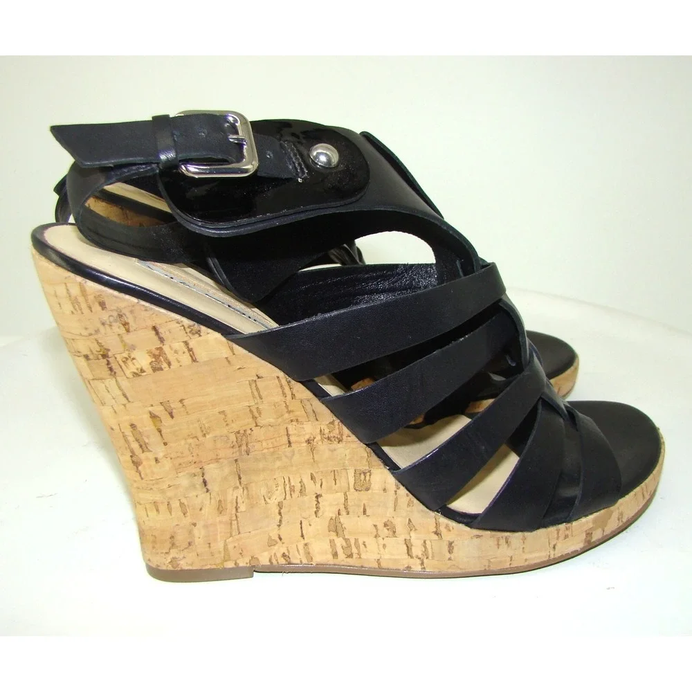 NEW Via Spiga Italy Black Gladiator Cork Wedge Heels Sandals Size 10M   C114